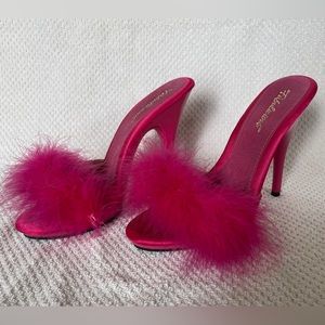 Hot Pink Maribou Feather Heeled Mules